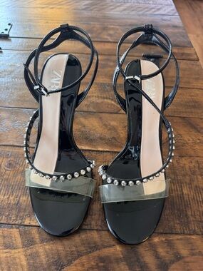 Zara Black Patent Strappy Heels with Clear Toe & Rhinestone Trim